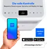 A hand holding a smartphone displaying the Medion LIFE+ app, with a Medion mobile air conditioner in the background. App store download badges and a speech bubble with a voice command are also visible. Produktbild-Vorschau