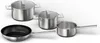 A set of four stainless steel cookware items including a frying pan, a saucepan, and two pots with glass lids, arranged on a white background. Podgląd zdjęcia produktu