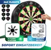 A dartboard with various accessories and text overlays. Produktbild-Vorschau