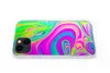 A clear, professional studio shot of an iPhone 13 mini case with a colorful, psychedelic marble pattern, placed on a white background. Produktbild-Vorschau