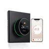 A smart thermostat and a smartphone displaying its app are shown against a white background. Produktbild-Vorschau