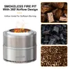 A collage showing a smokeless fire pit, logs, charcoal, and wood pellets. Produktbild-Vorschau