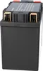 A close-up, angled view of a black battery with gold terminals and red caps on top. Voir les images du produit