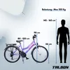 A purple bicycle is shown next to a silhouette of a person, with various measurements and weight capacity indicated. Produktbild-Vorschau