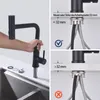 A person is installing a black kitchen faucet onto a countertop, with diagrams showing installation guidelines. Produktbild-Vorschau