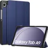 A blue tablet case is shown standing upright, with a tablet inside it displayed in front. The tablet screen shows the text 'Galaxy Tab A9'. Produktbild-Vorschau