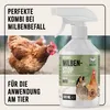 A spray bottle of poultry mite treatment is shown next to a chicken, with text highlighting its effectiveness against mites. Produktbild-Vorschau