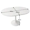 A white oval dining table with dimensions indicated by arrows and text. Náhled obrázku produktu