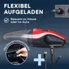 A hand is shown inserting a charging cable into a car's cigarette lighter socket, next to a red and black handheld vacuum cleaner. The image also shows a wall socket with a charger plugged in, and charging cables. Produktbild-Vorschau