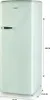 A full-shot image of a retro-style refrigerator with dimensions indicated by measurement lines and text. Produktbild-Vorschau