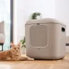 A cat is lying on the floor next to a beige litter box. Anteprima dell’immagine prodotto
