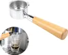 A portafilter with a wooden handle is shown, with a close-up inset of it being used to brew espresso into a glass. Náhľad obrázku produktu
