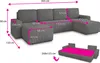 A diagram showing the dimensions of a sectional sofa, with a smaller inset image showing the sofa converted into a bed. Produktbild-Vorschau