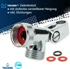 A product shot of a chrome-plated plumbing fitting with text overlays and logos. Produktbild-Vorschau
