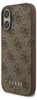 A close-up, angled view of a brown phone case with a repeating GUESS logo pattern. Podgląd zdjęcia produktu