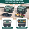 Collage of images showing a multi-layered electric lunchbox in different configurations and with food. Produktbild-Vorschau