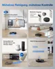 A collage of images showcasing the features and capabilities of a robot vacuum cleaner, including app control, voice assistant compatibility, and video monitoring. Produktbild-Vorschau