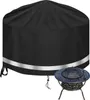 A black round fire pit cover is shown in the foreground, with a decorative bronze fire pit in the lower right corner. Produktbild-Vorschau