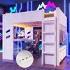 A gaming-themed bedroom with a loft bed, desk, and chair, illuminated by neon lights. Podgląd zdjęcia produktu