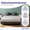 A mattress is shown on a bed frame with pillows, next to nightstands. Text overlays describe product features. Produktbild-Vorschau