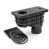 A black plastic drainage system component with a grate and rings. Produktbild-Vorschau