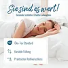 A woman sleeping peacefully in bed, with text and icons highlighting product features. Produktbild-Vorschau