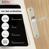 A product image showing a door handle set and its included components, with text overlays detailing the contents. Produktbild-Vorschau