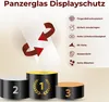 A graphic illustrating the features of a screen protector, with a product shot on a podium. Produktbild-Vorschau