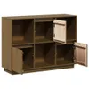 A wooden sideboard with multiple open compartments and two doors ajar, shown against a white background. Náhled obrázku produktu