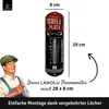 A collage showing a retro thermometer with grilling text and graphics, a man in overalls and cap, and text overlays about the product's dimensions and mounting. Produktbild-Vorschau