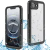Two views of a black and transparent iPhone case, with water droplets and splashes to indicate water resistance. Produktbild-Vorschau