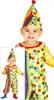 A baby wearing a colorful clown costume, with a close-up inset of the same costume. Podgląd zdjęcia produktu