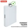 A folded white table is shown with marketing text and icons. Produktbild-Vorschau