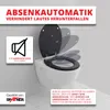 A toilet seat with a soft-close mechanism is shown, with text and icons explaining its features. Produktbild-Vorschau