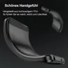 A black phone case with a carbon fiber texture detail, shown in a dynamic, curved pose against a dark, textured background. Text overlays describe the product's feel and material. Produktbild-Vorschau
