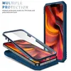 A phone case is shown in a disassembled state, with the phone inside the bottom half and the top half of the case hovering above it. Another phone in a blue case is shown standing upright in the background. Produktbild-Vorschau