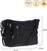 A black shoulder bag is shown against a white background with dimensions and feature icons displayed. Produktbild-Vorschau