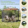 An outdoor patio scene with a large umbrella covered by a mosquito net, featuring two chairs and a table. Produktbild-Vorschau