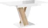 A white dining table with a wooden V-shaped base, shown against a white background. Anteprima dell’immagine prodotto
