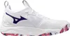 A side view of a single white volleyball shoe with purple branding and a red, white, and blue patterned sole. Anteprima dell’immagine prodotto