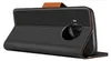 A black flip case for a smartphone is shown open, revealing the back of the phone with its camera module. Anteprima dell’immagine prodotto