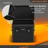 An open black aluminum case with text overlays and a graphic background. Produktbild-Vorschau