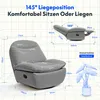 A diagram showing the dimensions and features of a gray recliner chair, with text indicating its lie-flat position and comfort. Produktbild-Vorschau