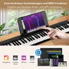 A hand is shown playing a digital piano connected to a tablet displaying a music app. Below, icons represent various music applications and devices. Anteprima dell’immagine prodotto
