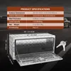 A silver aluminum truck tool box with its lid open, showing its interior and dimensions. Product specifications are listed above the box. Anteprima dell’immagine prodotto