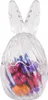 A clear glass Easter egg-shaped candy dish with bunny ears, filled with colorful foil-wrapped candies. Produktbild-Vorschau