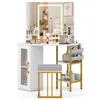 A white corner vanity desk with a lighted mirror, a stool, and various makeup products displayed on it. Produktbild-Vorschau
