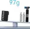 A product shot on a balance scale, comparing a black pump with CO2 cartridges to a black battery pack. Náhľad obrázku produktu