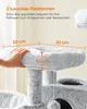 A hand is shown touching a plush platform on a cat tree, with dimensions indicated. Produktbild-Vorschau