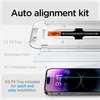 An auto alignment kit for a phone screen protector, showing the tray, alignment film, tempered glass, and a phone. Produktbild-Vorschau